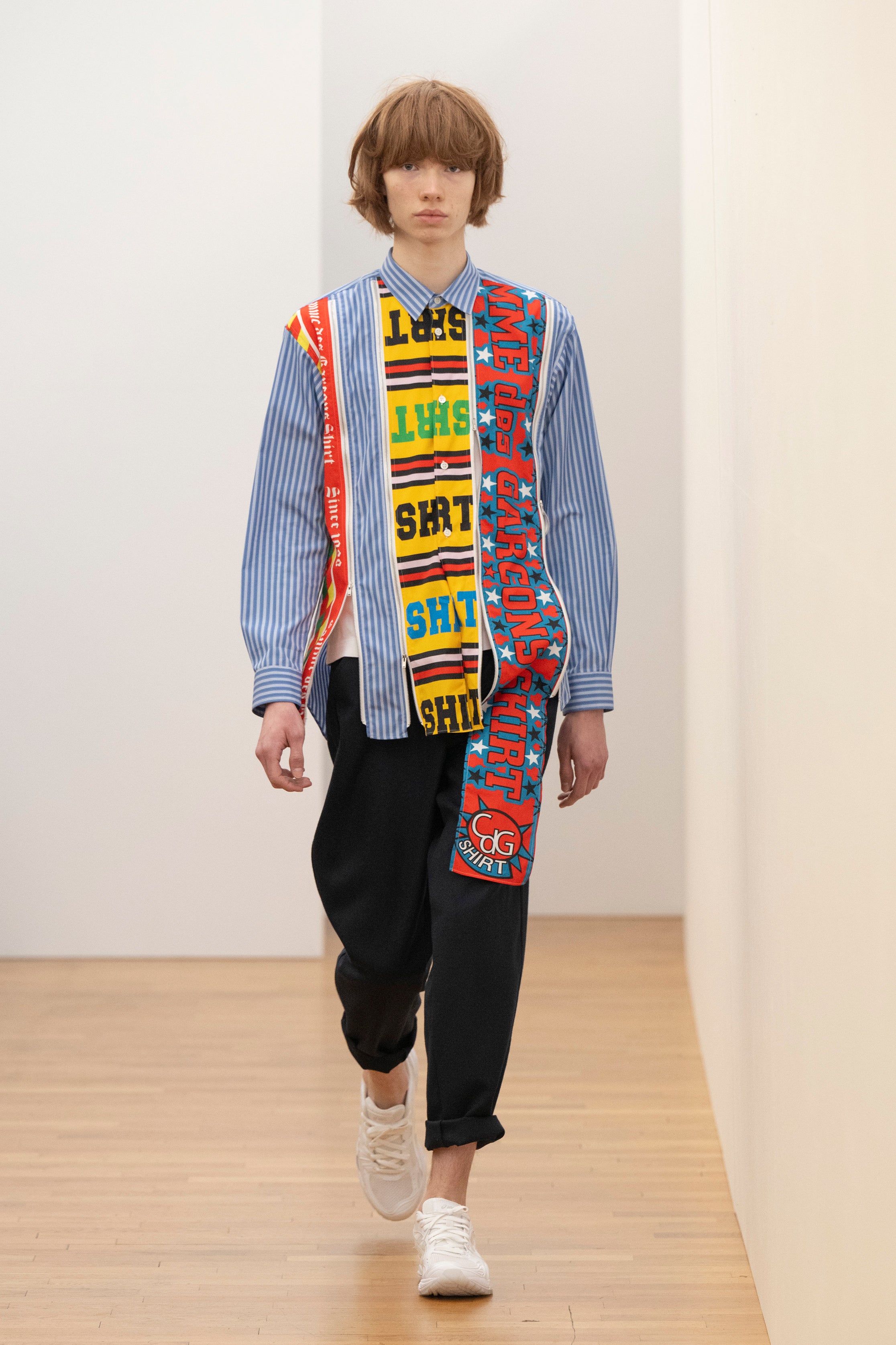 Fashion model wearing a Comme des Garçons Shirt AW25 outfit