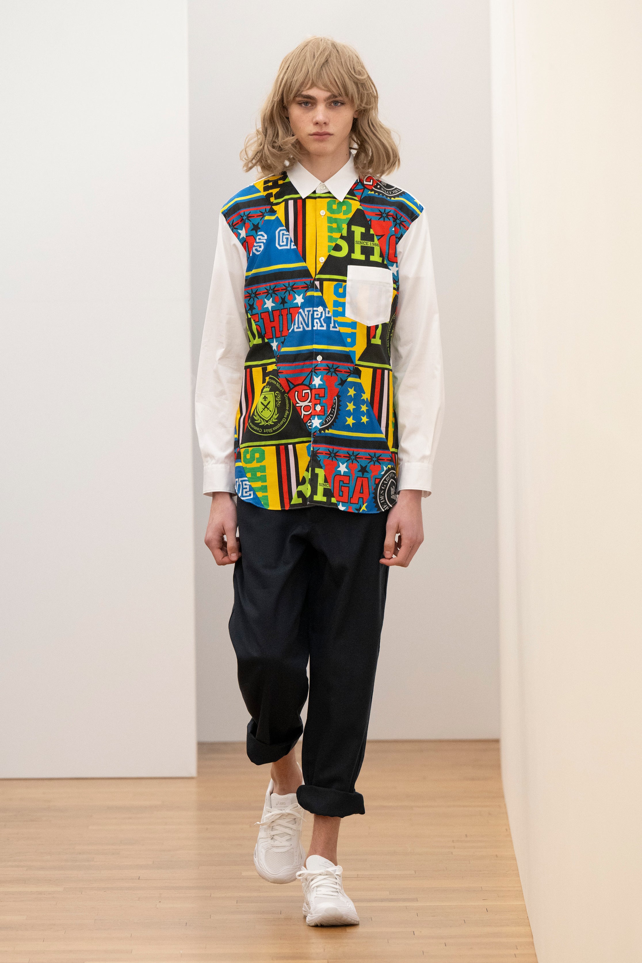 Fashion model wearing a Comme des Garçons Shirt AW25 outfit