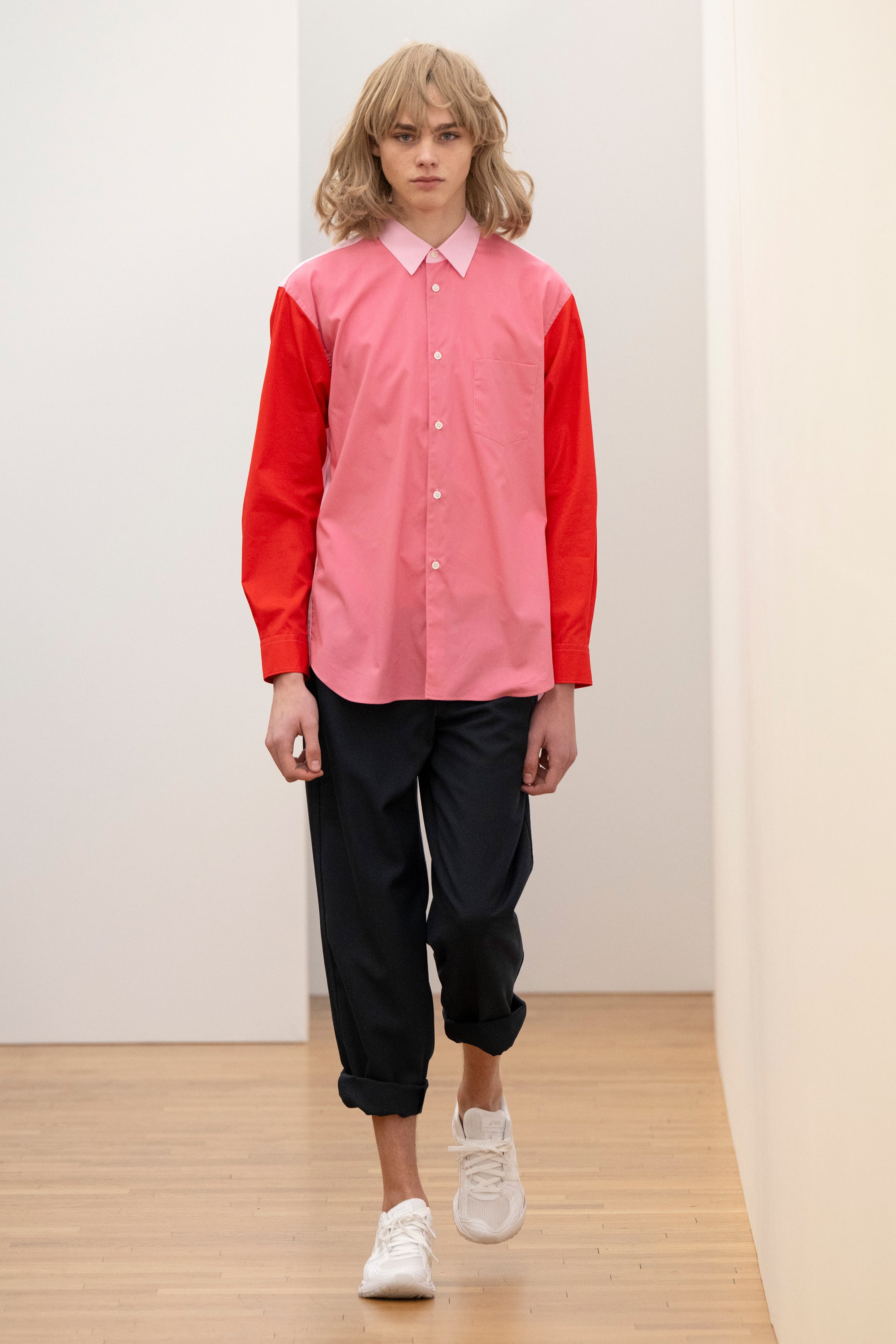 Fashion model wearing a Comme des Garçons Shirt AW25 outfit