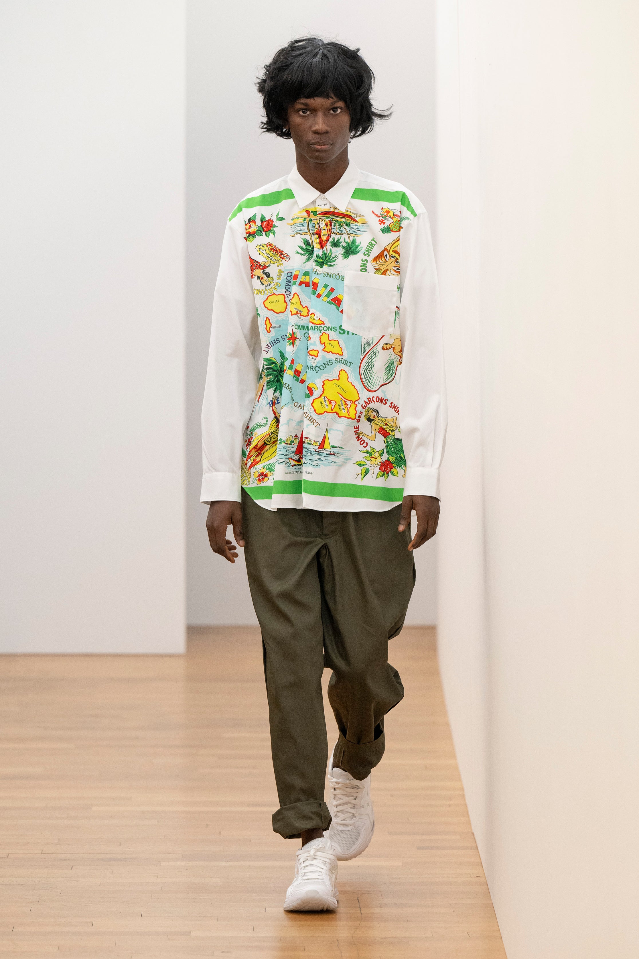 Fashion model wearing a Comme des Garçons Shirt AW25 outfit
