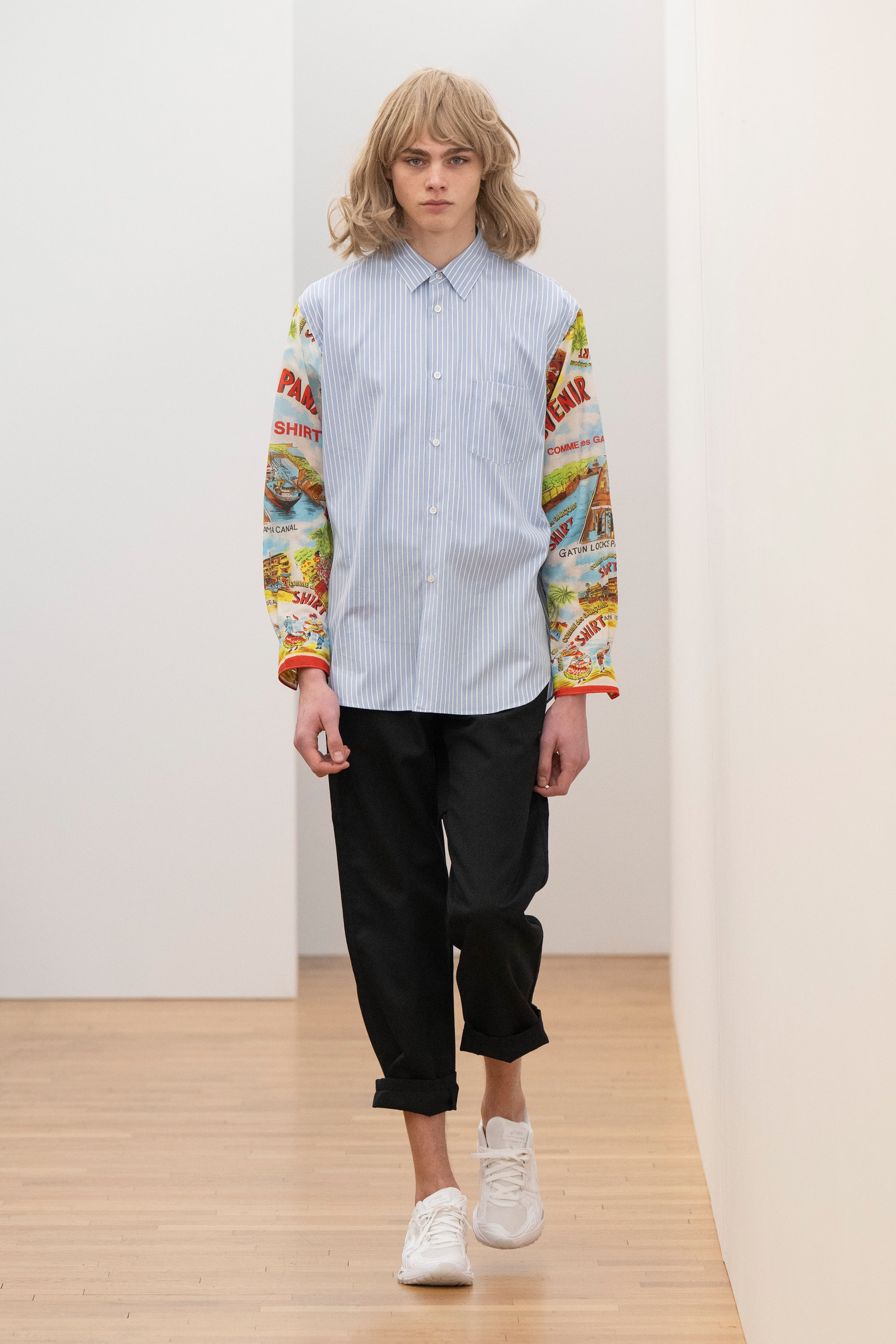 Fashion model wearing a Comme des Garçons Shirt AW25 outfit