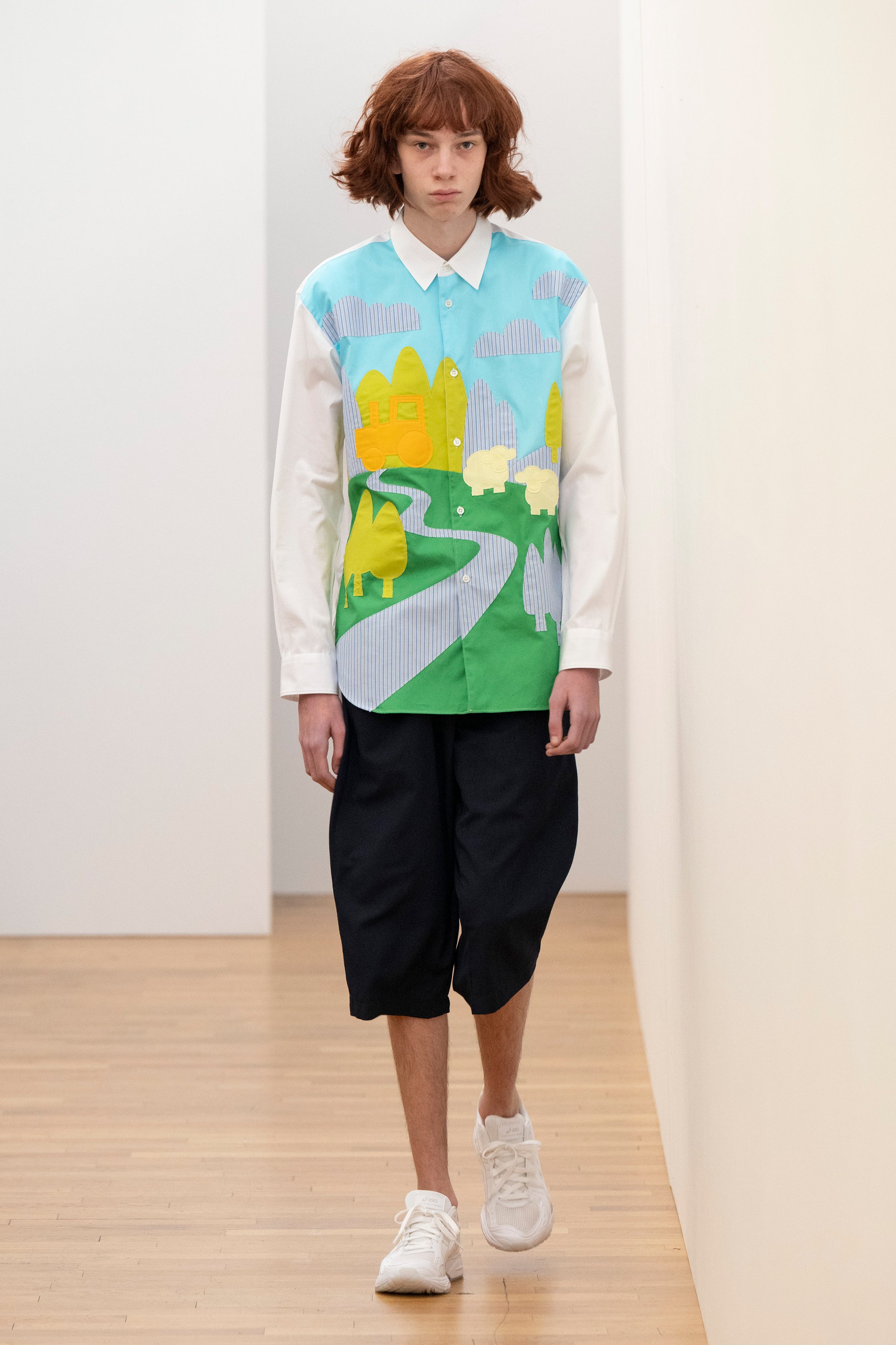 Fashion model wearing a Comme des Garçons Shirt AW25 outfit